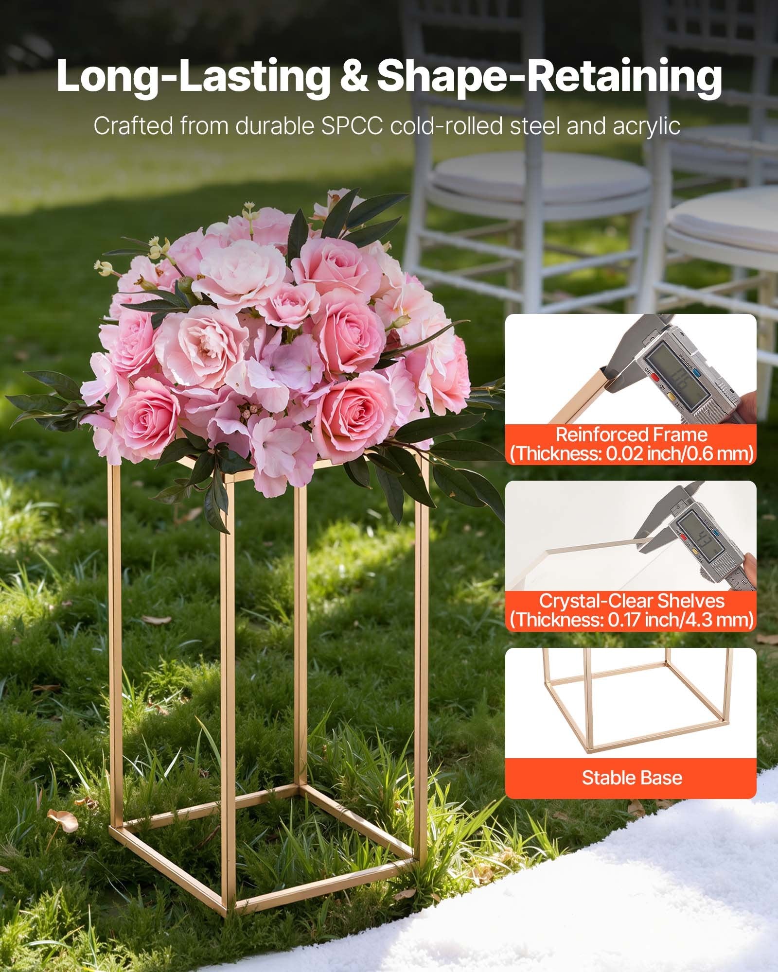 Wedding Flower Stand, 10PCS 40cm Column Flower Stand, Floral Stands with Acrylic Laminate, Gold Rectangular Floral Display Rack for Wedding, Party, Birthday, Home, Gold Centerpiece Stands - Image 3
