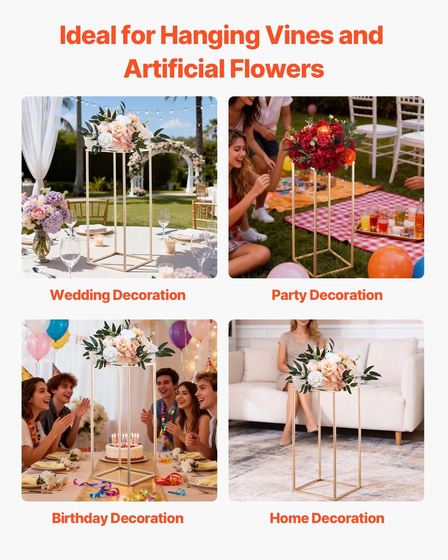 Wedding Flower Stand, 10PCS 60cm Column Flower Stand, Floral Stands with Acrylic Laminate, Gold Rectangular Floral Display Rack for Wedding, Party, Birthday, Home, Gold Centerpiece Stands - Image 6