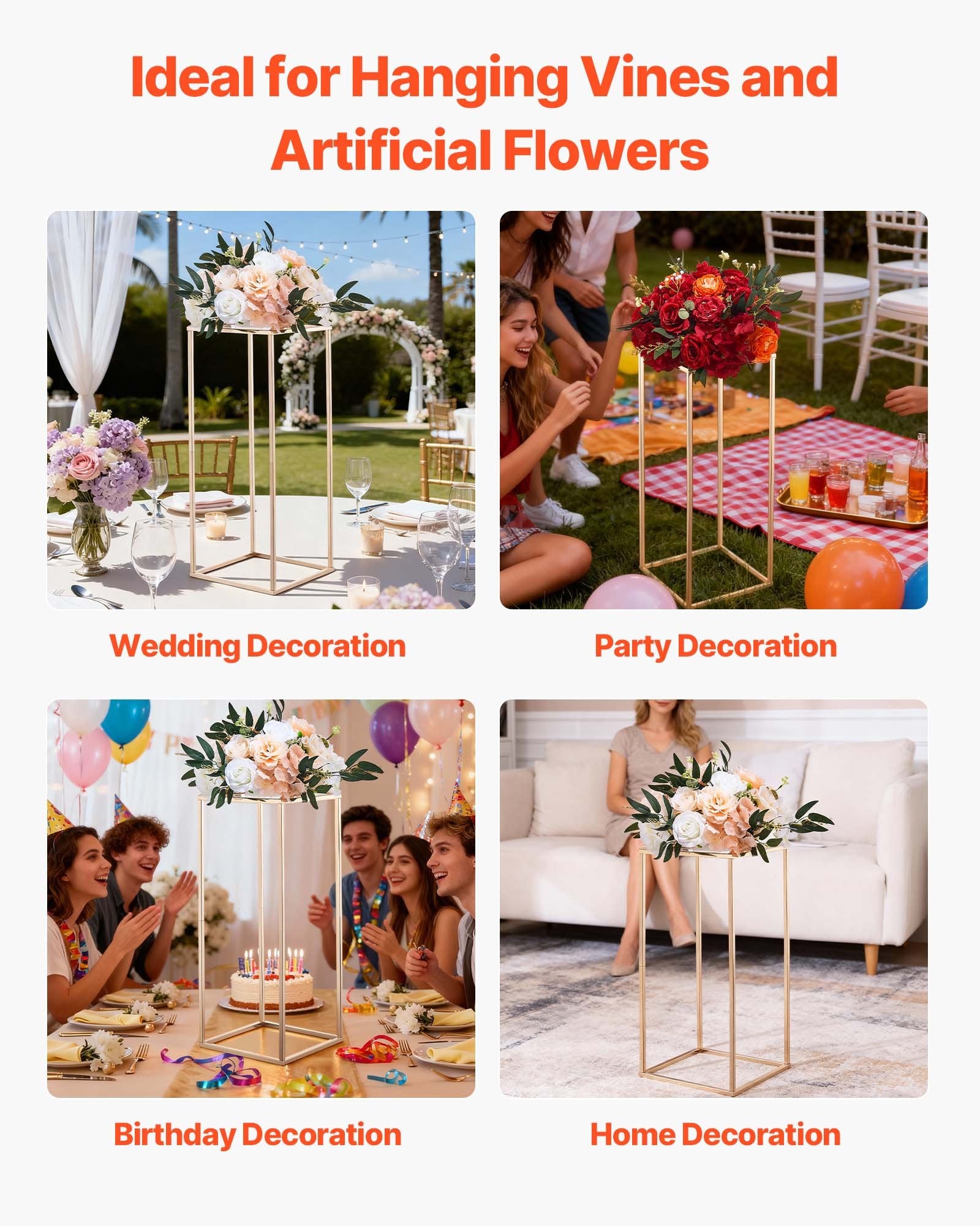 Wedding Flower Stand, 10PCS 60cm Column Flower Stand, Floral Stands with Acrylic Laminate, Gold Rectangular Floral Display Rack for Wedding, Party, Birthday, Home, Gold Centerpiece Stands - Image 6