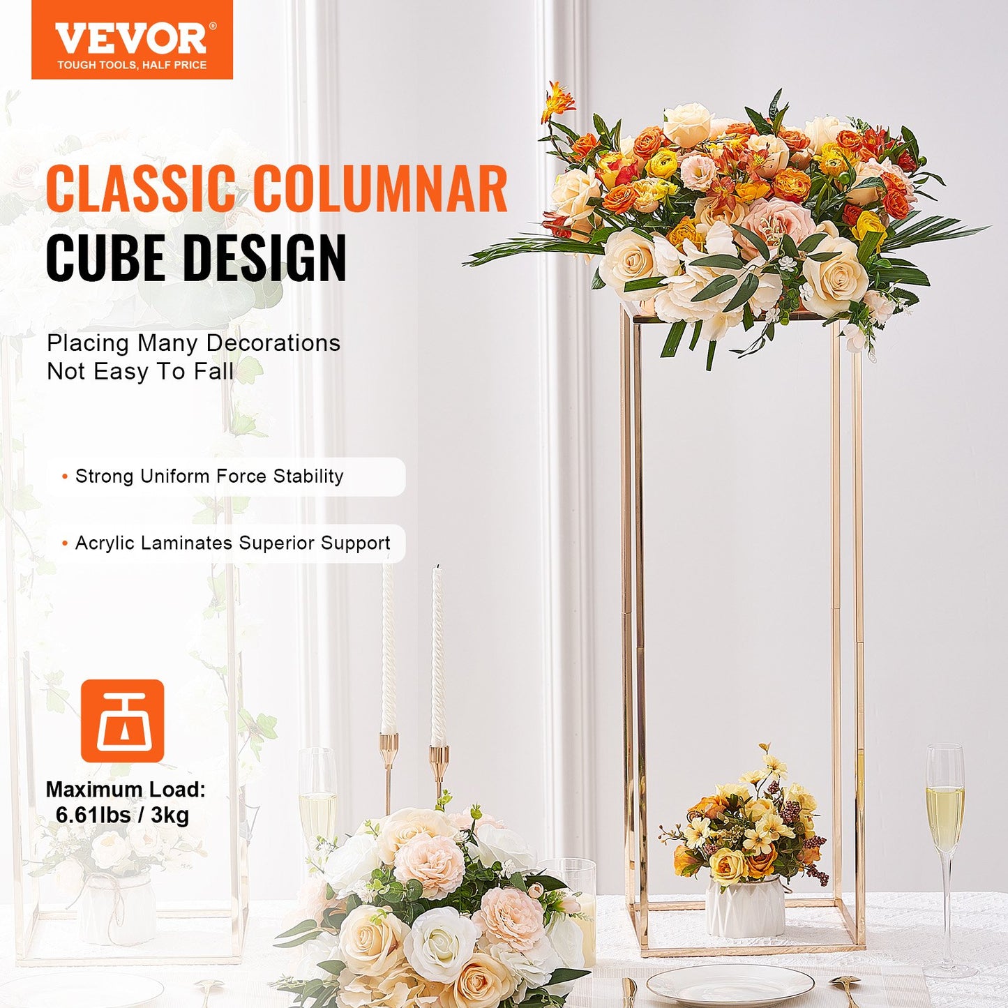 10PCS 31.5inch/80cm High Wedding Flower Stand, With Acrylic Laminate,Metal Vase Column Geometric Centerpiece Stands, Gold Rectangular Floral Display Rack for Events Reception, Party Decoration - Image 2
