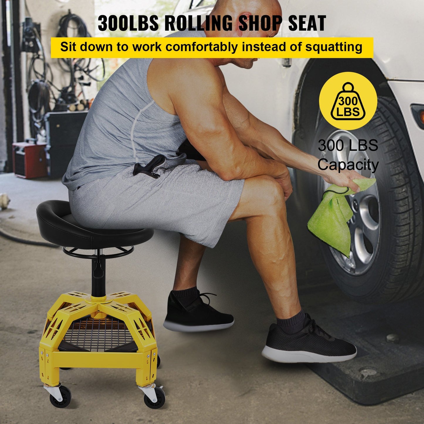 Rolling Garage Stool, 300LBS Capacity, Adjustable Height from 24 in to 28.7 in, Mechanic Seat with 360-degree Swivel Wheels and Tool Tray, for Workshop, Auto Repair Shop, Yellow - Image 2