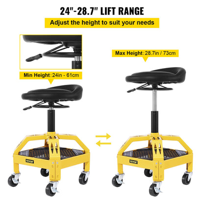 Rolling Garage Stool, 300LBS Capacity, Adjustable Height from 24 in to 28.7 in, Mechanic Seat with 360-degree Swivel Wheels and Tool Tray, for Workshop, Auto Repair Shop, Yellow - Image 3