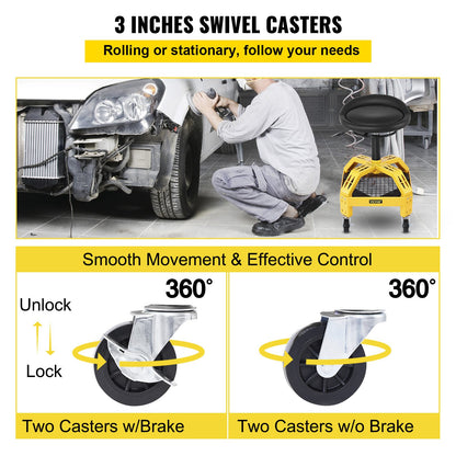 Rolling Garage Stool, 300LBS Capacity, Adjustable Height from 24 in to 28.7 in, Mechanic Seat with 360-degree Swivel Wheels and Tool Tray, for Workshop, Auto Repair Shop, Yellow - Image 5