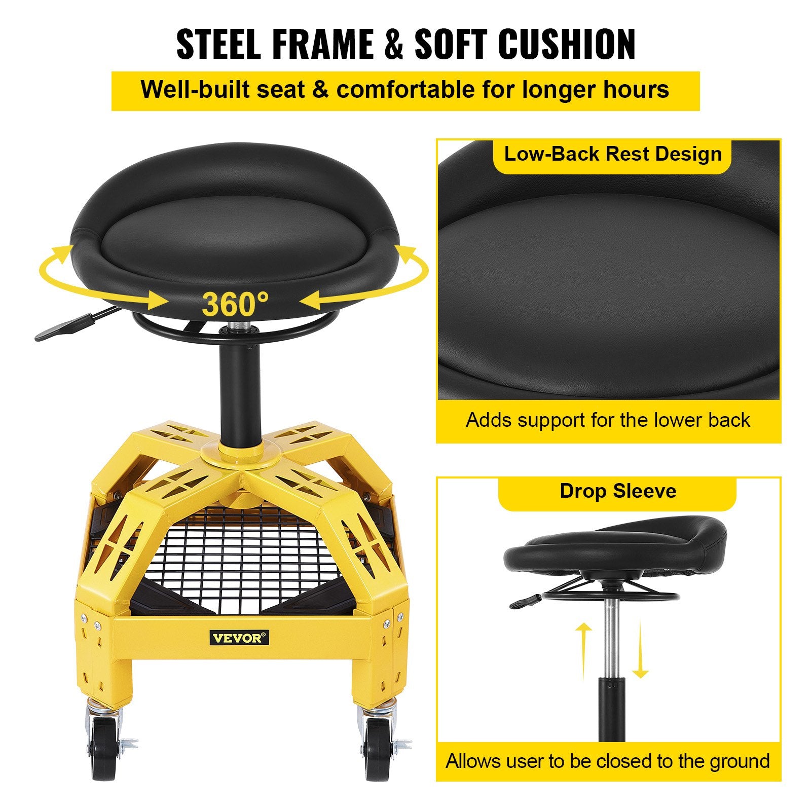 Rolling Garage Stool, 300LBS Capacity, Adjustable Height from 24 in to 28.7 in, Mechanic Seat with 360-degree Swivel Wheels and Tool Tray, for Workshop, Auto Repair Shop, Yellow - Image 6