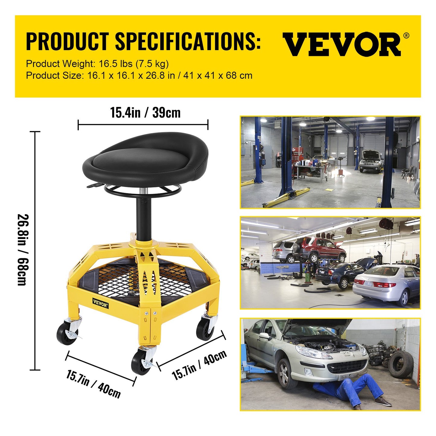 Rolling Garage Stool, 300LBS Capacity, Adjustable Height from 24 in to 28.7 in, Mechanic Seat with 360-degree Swivel Wheels and Tool Tray, for Workshop, Auto Repair Shop, Yellow - Image 7