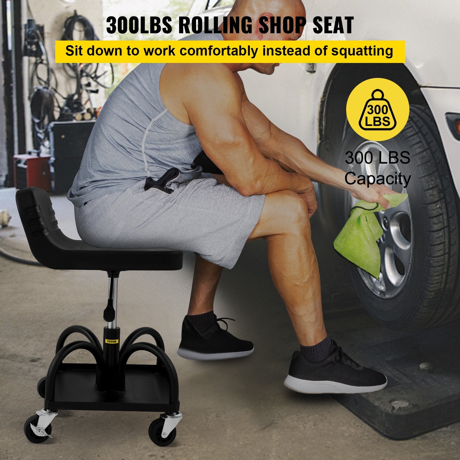 Rolling Garage Stool 300LBS Adjustable Mechanic Work Shop Seat w/Casters - Image 2