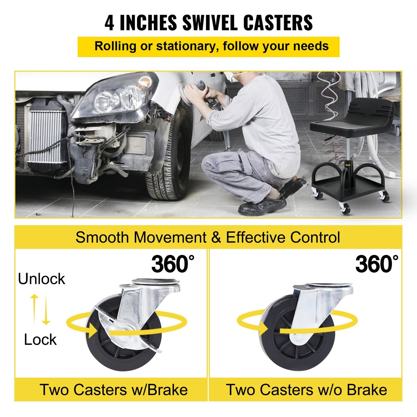 Rolling Garage Stool 300LBS Adjustable Mechanic Work Shop Seat w/Casters - Image 5