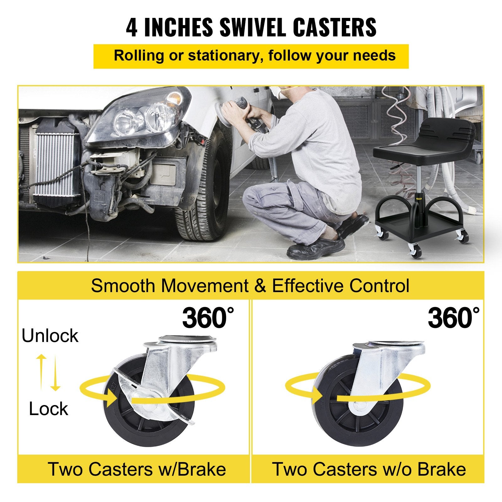 Rolling Garage Stool 300LBS Adjustable Mechanic Work Shop Seat w/Casters - Image 5