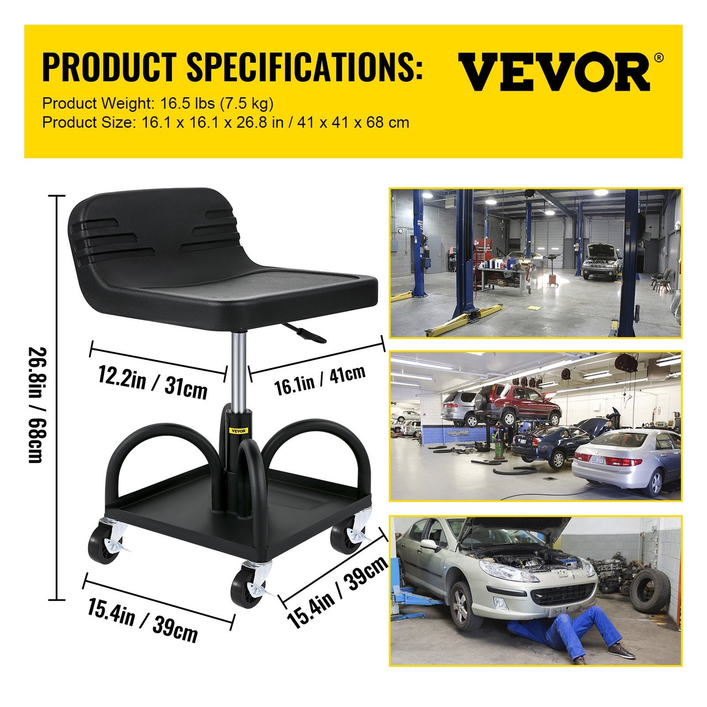 Rolling Garage Stool 300LBS Adjustable Mechanic Work Shop Seat w/Casters - Image 7