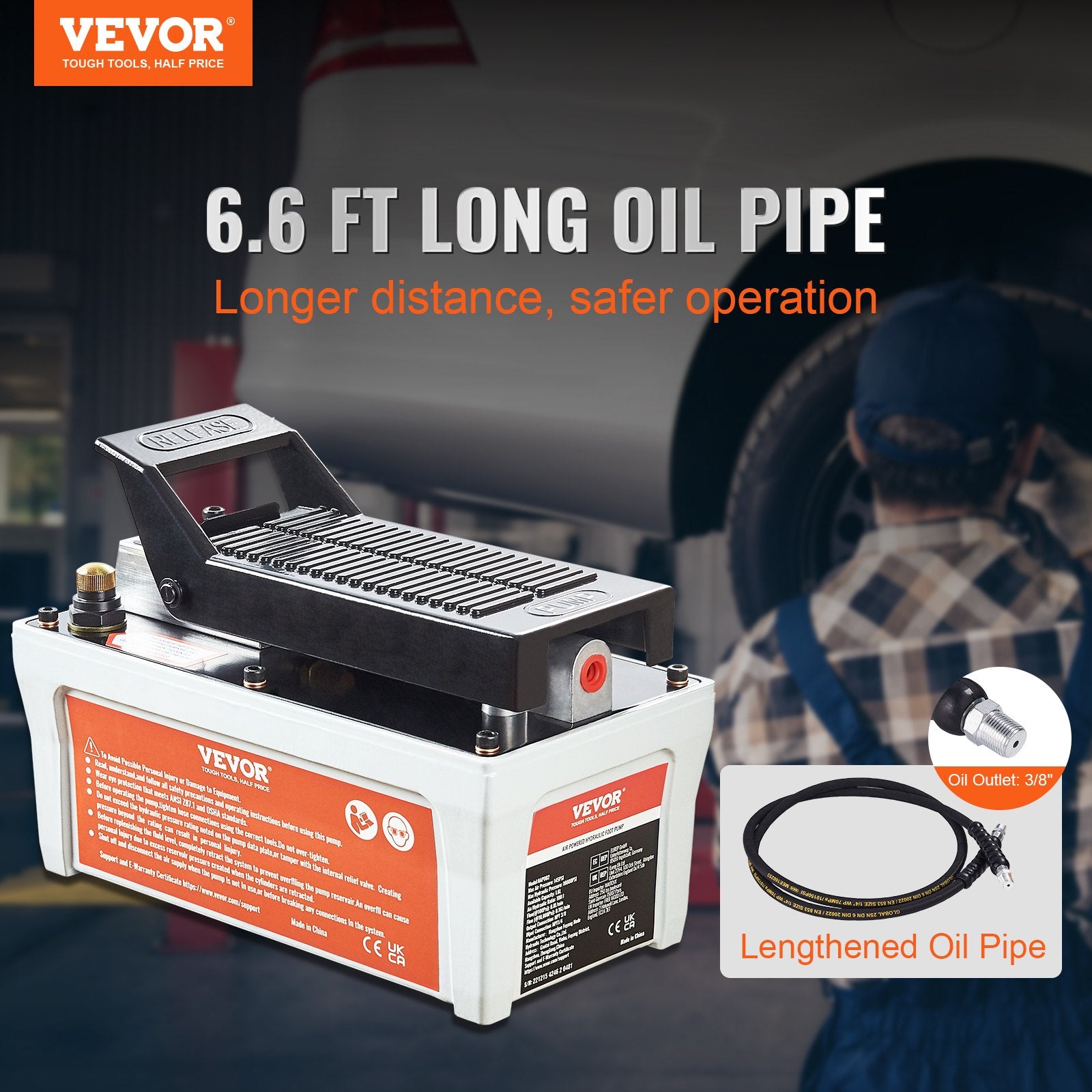 Air Hydraulic Pump, 10,000 PSI 1/2 Gal Reservoir, NPT 3/8" Oil Outlet, NPT 1/4" Inlet, 6.6 ft Pipe, Foot Actuated Hydraulic Pump Air Treadle for Auto Body Frame Machines and Pulling Post, Gray - Image 2