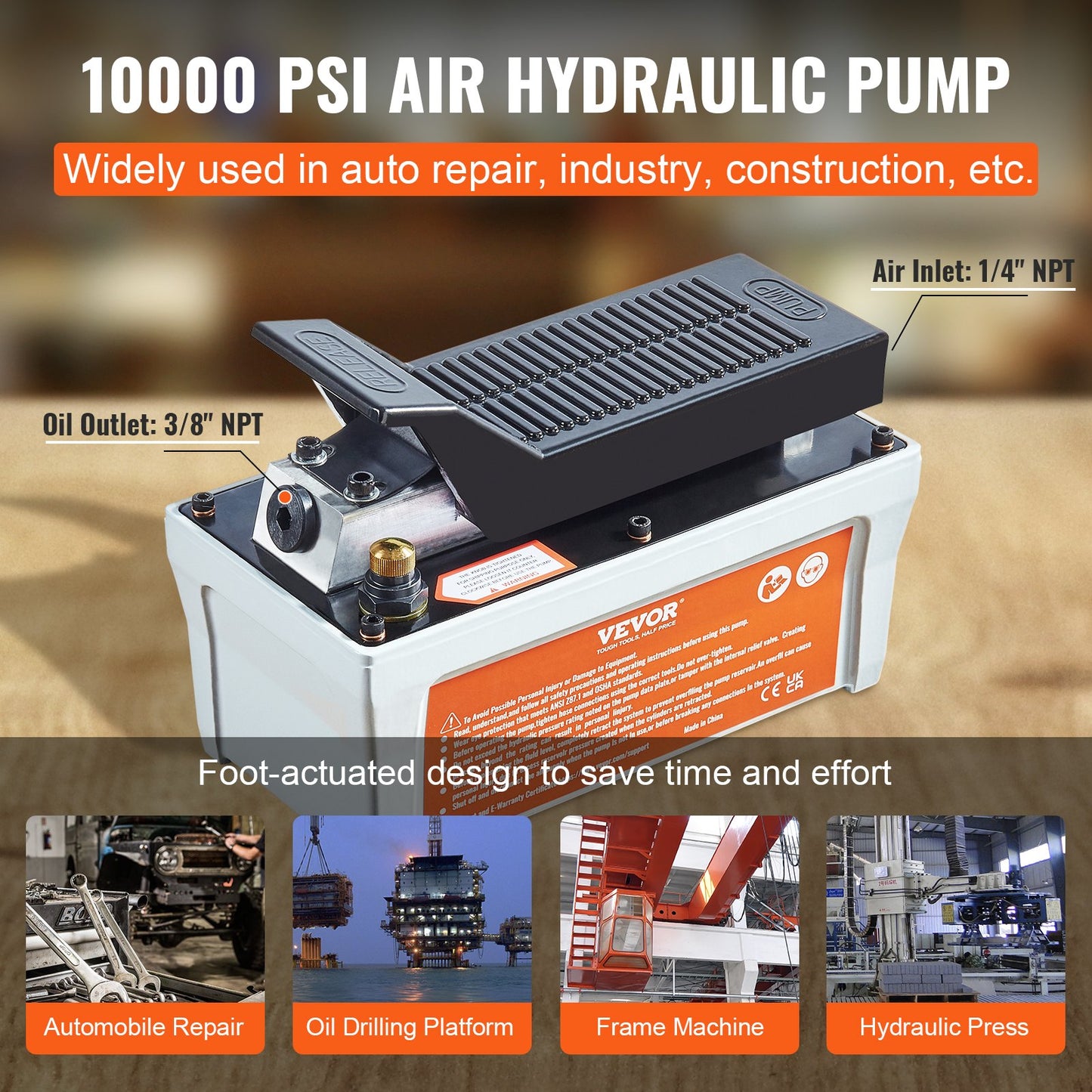 Air Hydraulic Pump, 10,000 PSI 1/2 Gal Reservoir, NPT 3/8" Oil Outlet, NPT 1/4" Inlet, 6.6 ft Pipe, Foot Actuated Hydraulic Pump Air Treadle for Auto Body Frame Machines and Pulling Post, Gray - Image 6