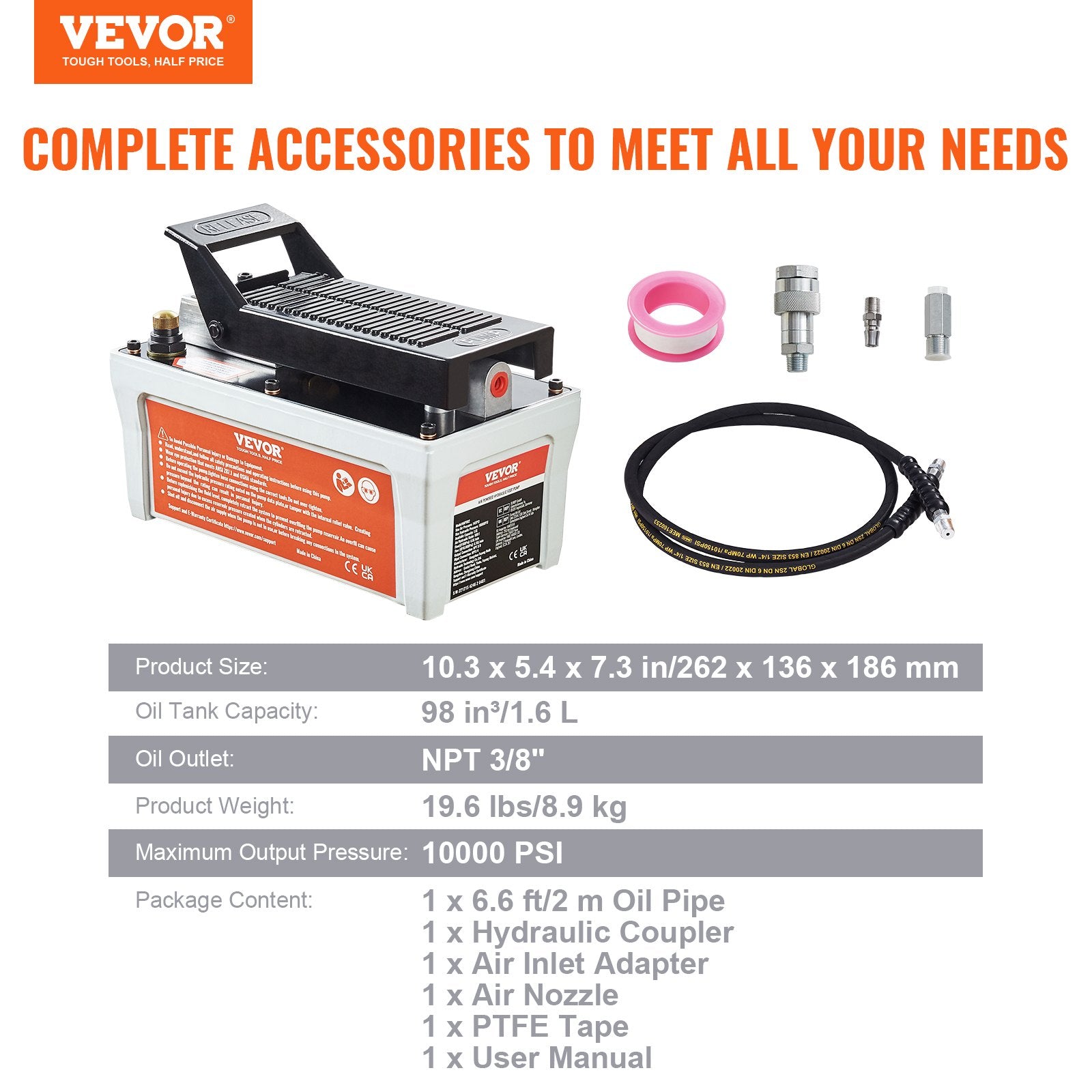 Air Hydraulic Pump, 10,000 PSI 1/2 Gal Reservoir, NPT 3/8" Oil Outlet, NPT 1/4" Inlet, 6.6 ft Pipe, Foot Actuated Hydraulic Pump Air Treadle for Auto Body Frame Machines and Pulling Post, Gray - Image 7