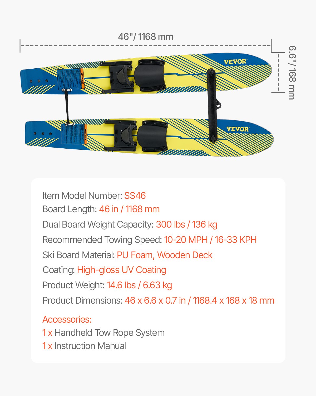 Water Skis 116.8 cm / 46 inch, Water Ski Trainers with X-7 Adjustable Bindings, Double-Handle Rope & Removable Stabilizing Bar, Training Waterskis Combo for Youth Up to 136 kg - Image 7