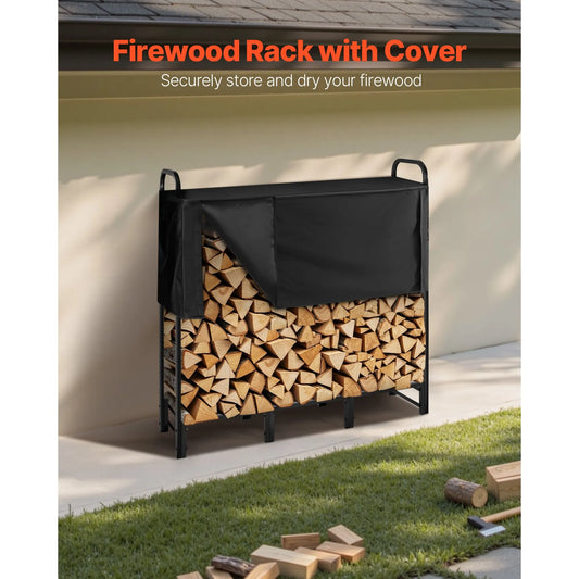 Firewood Rack with Waterproof Cover, 1.22m Outdoor Firewood Holder, 1/4 Cord Storage Metal Log Holder, 400lb Max Weight Capacity, Top Covered, Powder-Coated Wood Storage Rack for Fireplace Deck - Image 2