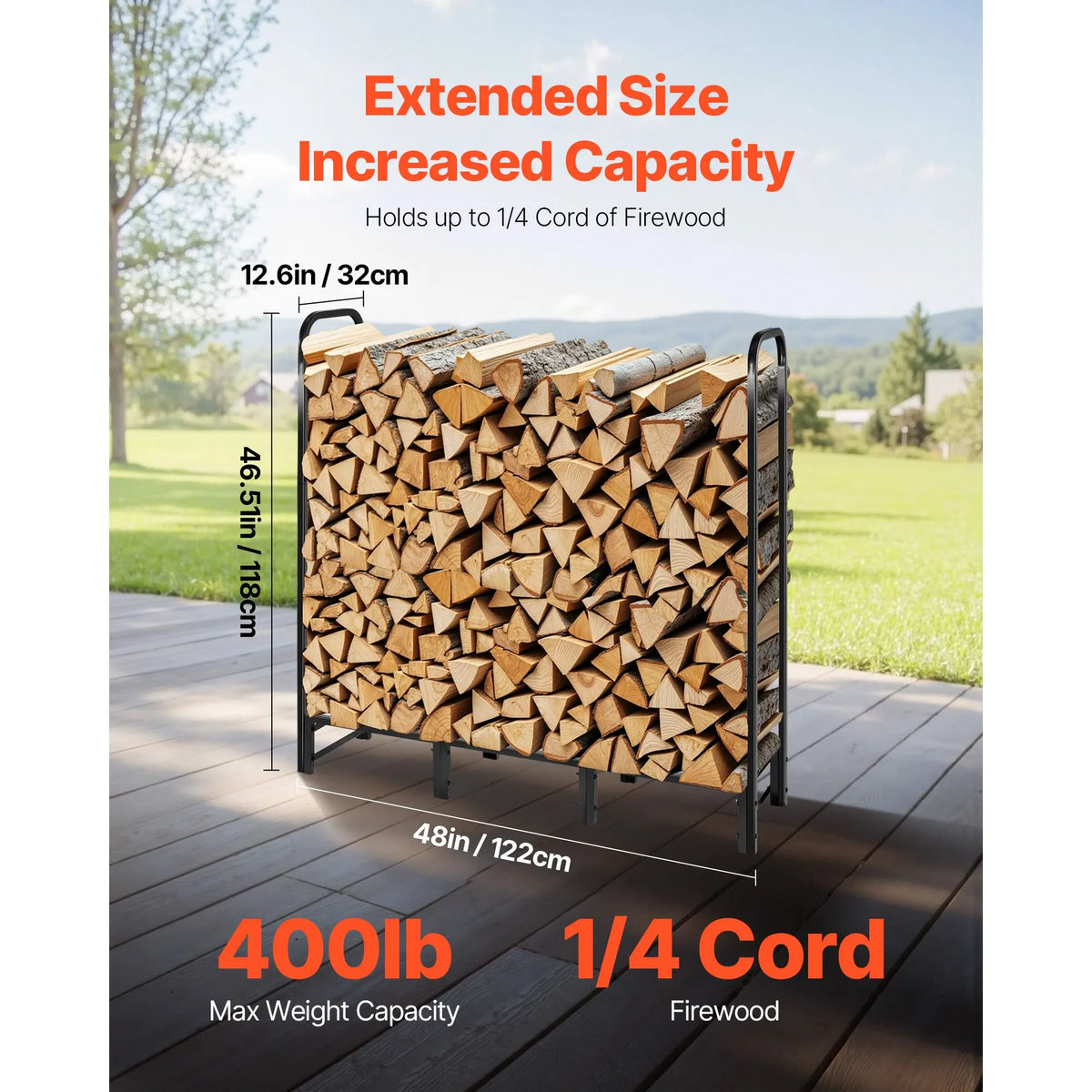 Firewood Rack with Waterproof Cover, 1.22m Outdoor Firewood Holder, 1/4 Cord Storage Metal Log Holder, 400lb Max Weight Capacity, Full Covered, Powder-Coated Wood Storage Rack for Fireplace Deck - Image 3