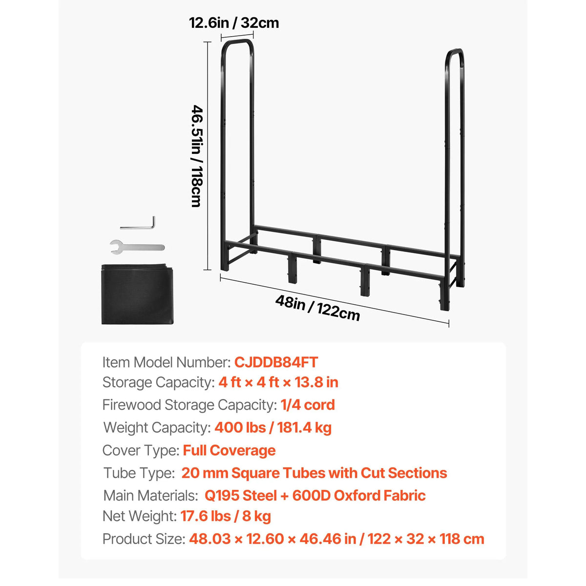 Firewood Rack with Waterproof Cover, 1.22m Outdoor Firewood Holder, 1/4 Cord Storage Metal Log Holder, 400lb Max Weight Capacity, Full Covered, Powder-Coated Wood Storage Rack for Fireplace Deck - Image 7