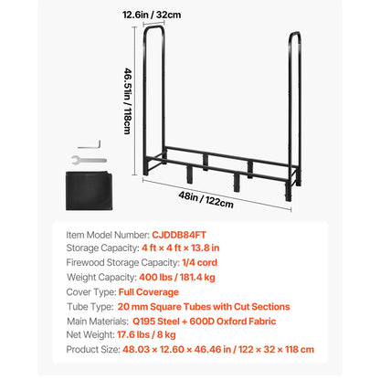 Firewood Rack with Waterproof Cover, 1.22m Outdoor Firewood Holder, 1/4 Cord Storage Metal Log Holder, 400lb Max Weight Capacity, Full Covered, Powder-Coated Wood Storage Rack for Fireplace Deck - Image 7