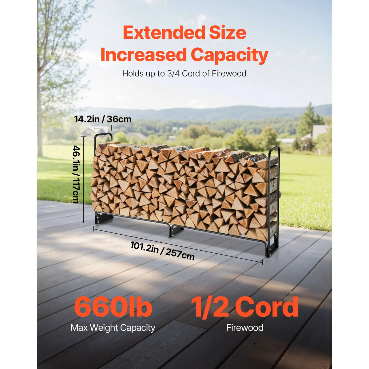 Firewood Rack with Waterproof Cover, 2.57m Outdoor Firewood Holder, 1/2 Cord Storage Metal Log Holder, 299kg Max Weight Capacity, Top Covered, Powder-Coated Wood Storage Rack for Fireplace Deck - Image 3