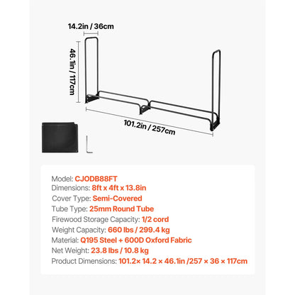 Firewood Rack with Waterproof Cover, 2.57m Outdoor Firewood Holder, 1/2 Cord Storage Metal Log Holder, 299kg Max Weight Capacity, Top Covered, Powder-Coated Wood Storage Rack for Fireplace Deck - Image 7