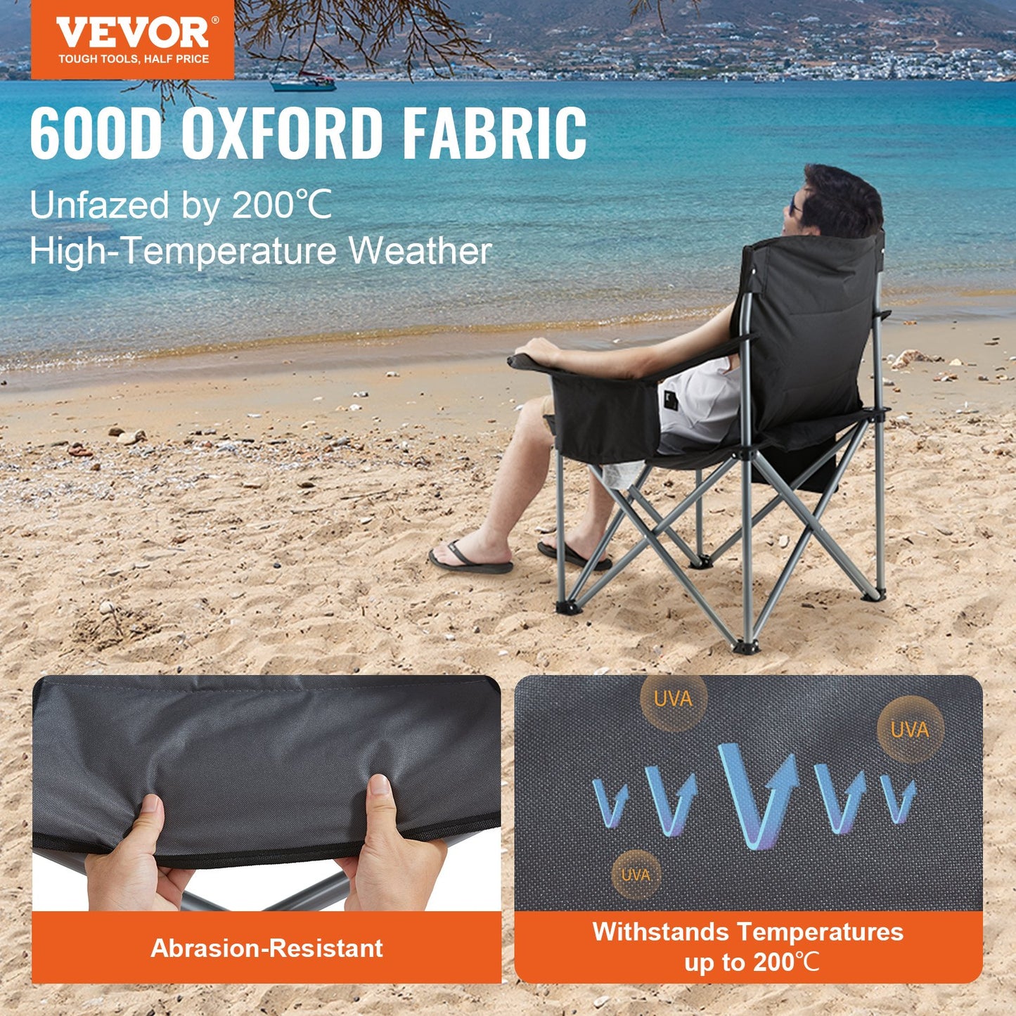 Camping Folding Chair for Adults, Portable Heavy Duty Outdoor Quad Lumbar Back Padded Arm Chairs with Side Pockets, Cup Holder and Cooler Bag for Beach, Lawn, Picnic, Fishing, Backpacking, Black - Image 2