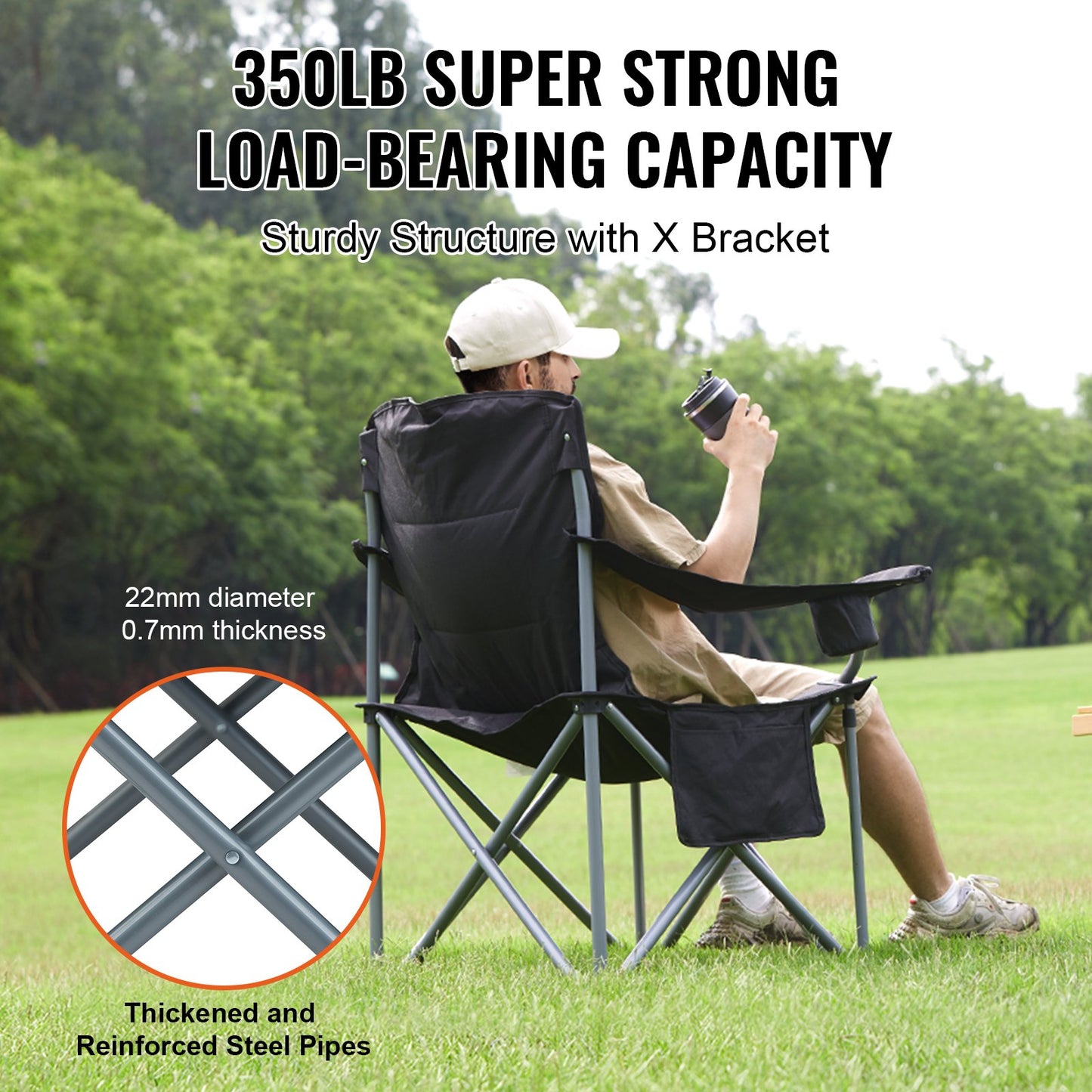 Camping Folding Chair for Adults, Portable Heavy Duty Outdoor Quad Lumbar Back Padded Arm Chairs with Side Pockets, Cup Holder and Cooler Bag for Beach, Lawn, Picnic, Fishing, Backpacking, Black - Image 3