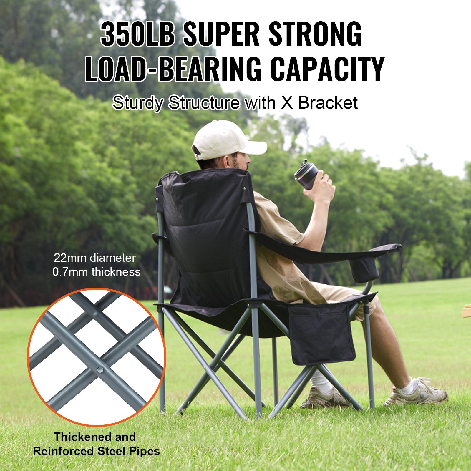 Camping Folding Chair for Adults, Portable Heavy Duty Outdoor Quad Lumbar Back Padded Arm Chairs with Side Pockets, Cup Holder and Cooler Bag for Beach, Lawn, Picnic, Fishing, Backpacking, Black - Image 3
