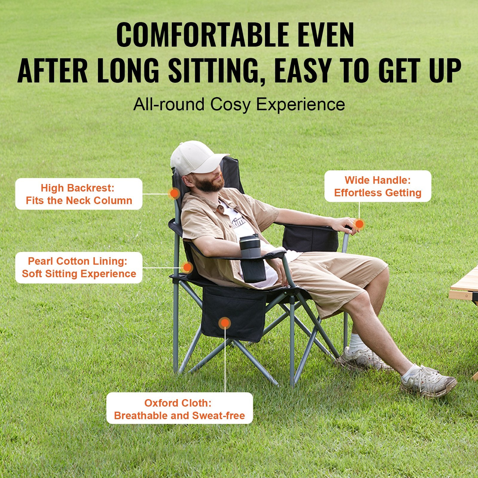 Camping Folding Chair for Adults, Portable Heavy Duty Outdoor Quad Lumbar Back Padded Arm Chairs with Side Pockets, Cup Holder and Cooler Bag for Beach, Lawn, Picnic, Fishing, Backpacking, Black - Image 4