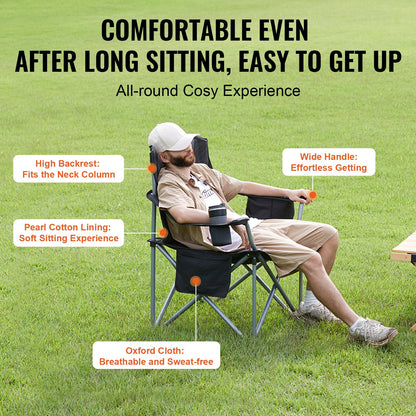 Camping Folding Chair for Adults, Portable Heavy Duty Outdoor Quad Lumbar Back Padded Arm Chairs with Side Pockets, Cup Holder and Cooler Bag for Beach, Lawn, Picnic, Fishing, Backpacking, Black - Image 4