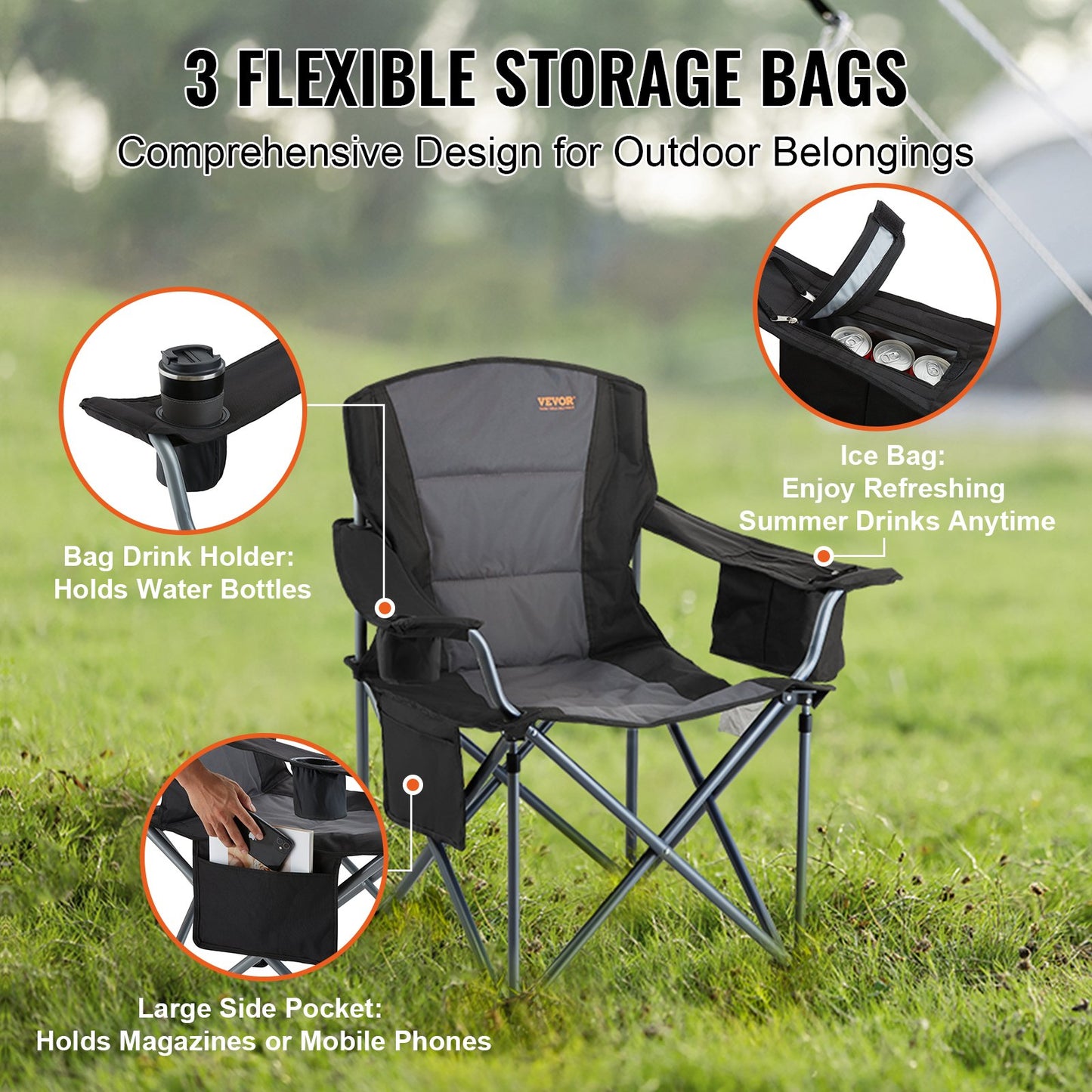 Camping Folding Chair for Adults, Portable Heavy Duty Outdoor Quad Lumbar Back Padded Arm Chairs with Side Pockets, Cup Holder and Cooler Bag for Beach, Lawn, Picnic, Fishing, Backpacking, Black - Image 5