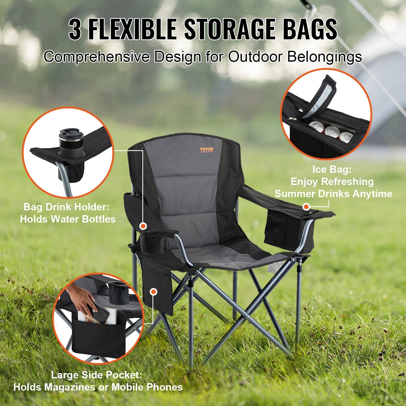 Camping Folding Chair for Adults, Portable Heavy Duty Outdoor Quad Lumbar Back Padded Arm Chairs with Side Pockets, Cup Holder and Cooler Bag for Beach, Lawn, Picnic, Fishing, Backpacking, Black - Image 5