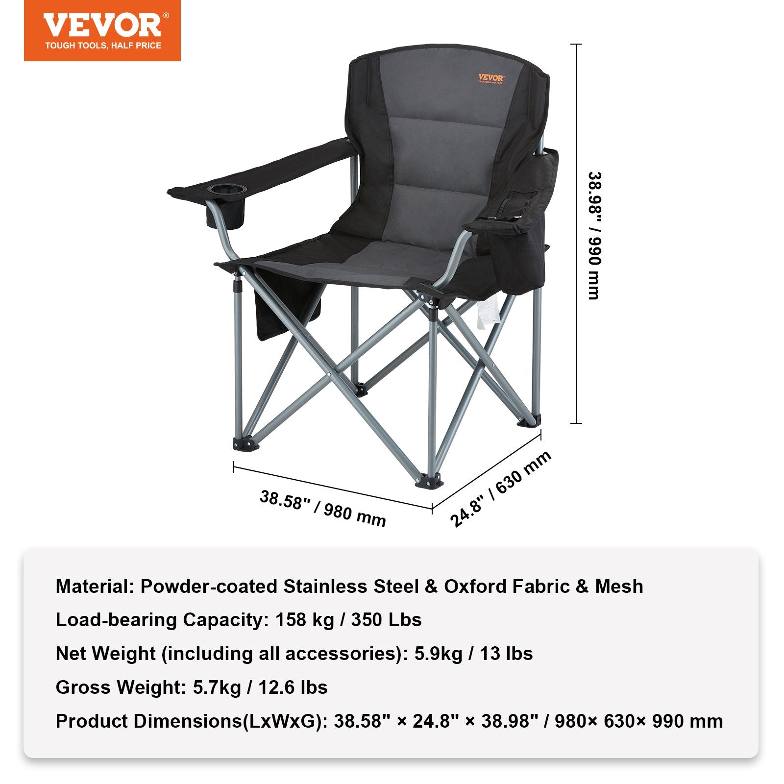 Camping Folding Chair for Adults, Portable Heavy Duty Outdoor Quad Lumbar Back Padded Arm Chairs with Side Pockets, Cup Holder and Cooler Bag for Beach, Lawn, Picnic, Fishing, Backpacking, Black - Image 7