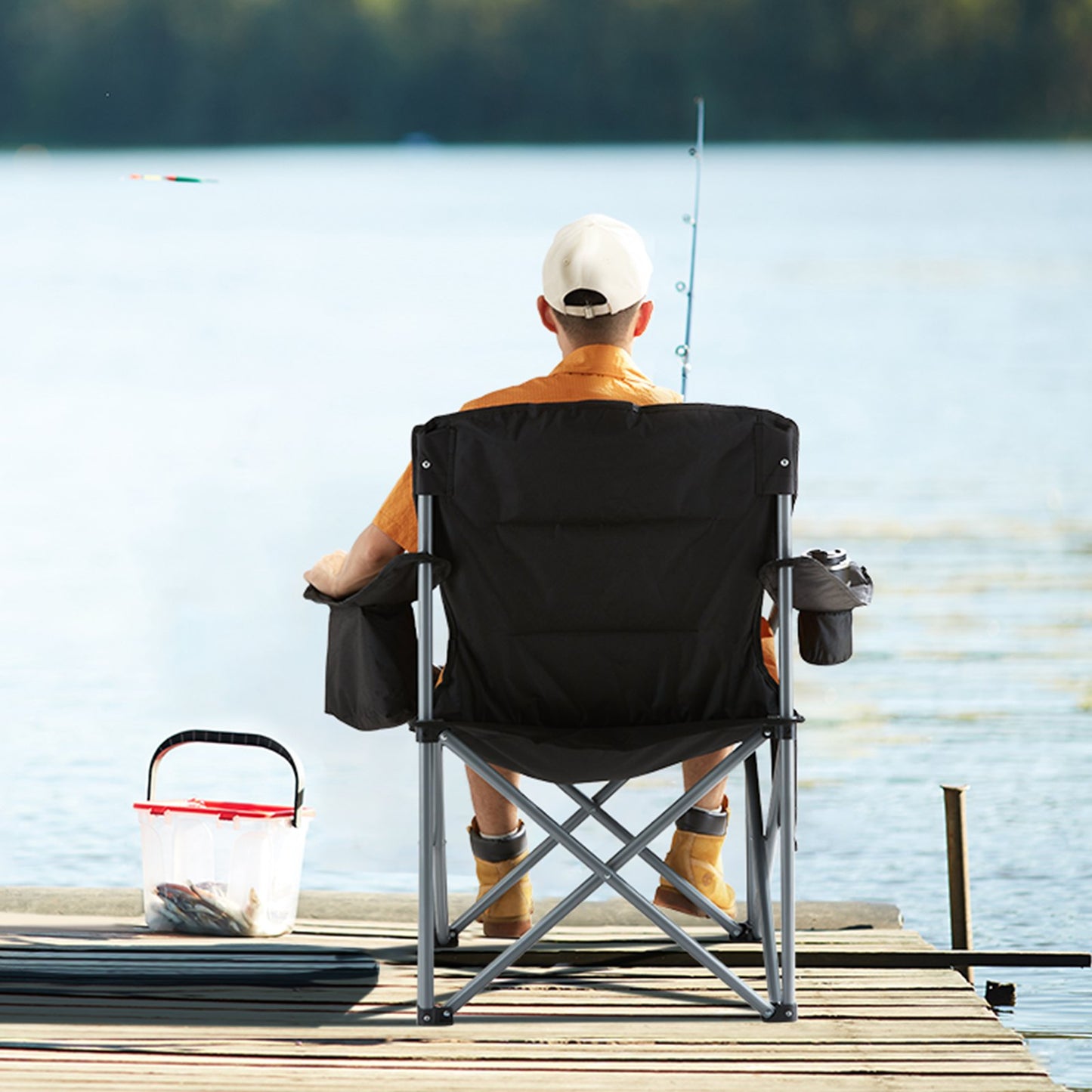 Camping Folding Chair for Adults, Portable Heavy Duty Outdoor Quad Lumbar Back Padded Arm Chairs with Side Pockets, Cup Holder and Cooler Bag for Beach, Lawn, Picnic, Fishing, Backpacking, Black - Image 8