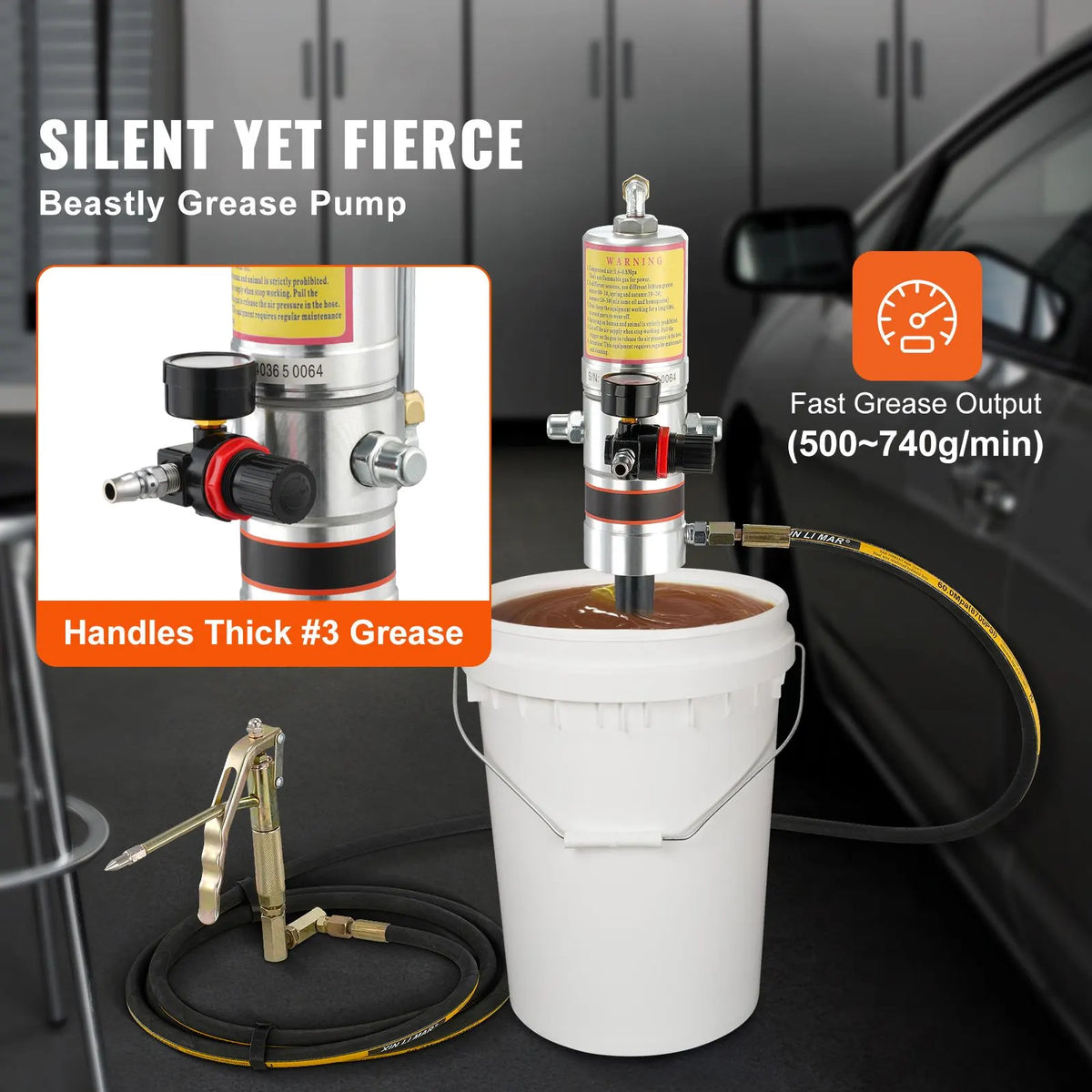 Grease Pump, 50:1 Pressure Ratio Air Operated Grease Pump with 3.88 m High Pressure Hose and Grease Gun, Pneumatic Grease Pump, Portable Lubrication Grease Pump with 360° Swivel Grease Gun Head - Image 2