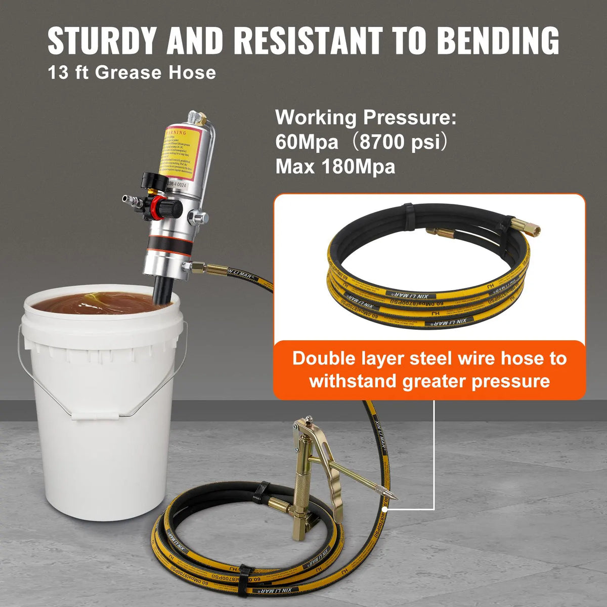 Grease Pump, 50:1 Pressure Ratio Air Operated Grease Pump with 3.88 m High Pressure Hose and Grease Gun, Pneumatic Grease Pump, Portable Lubrication Grease Pump with 360° Swivel Grease Gun Head - Image 4