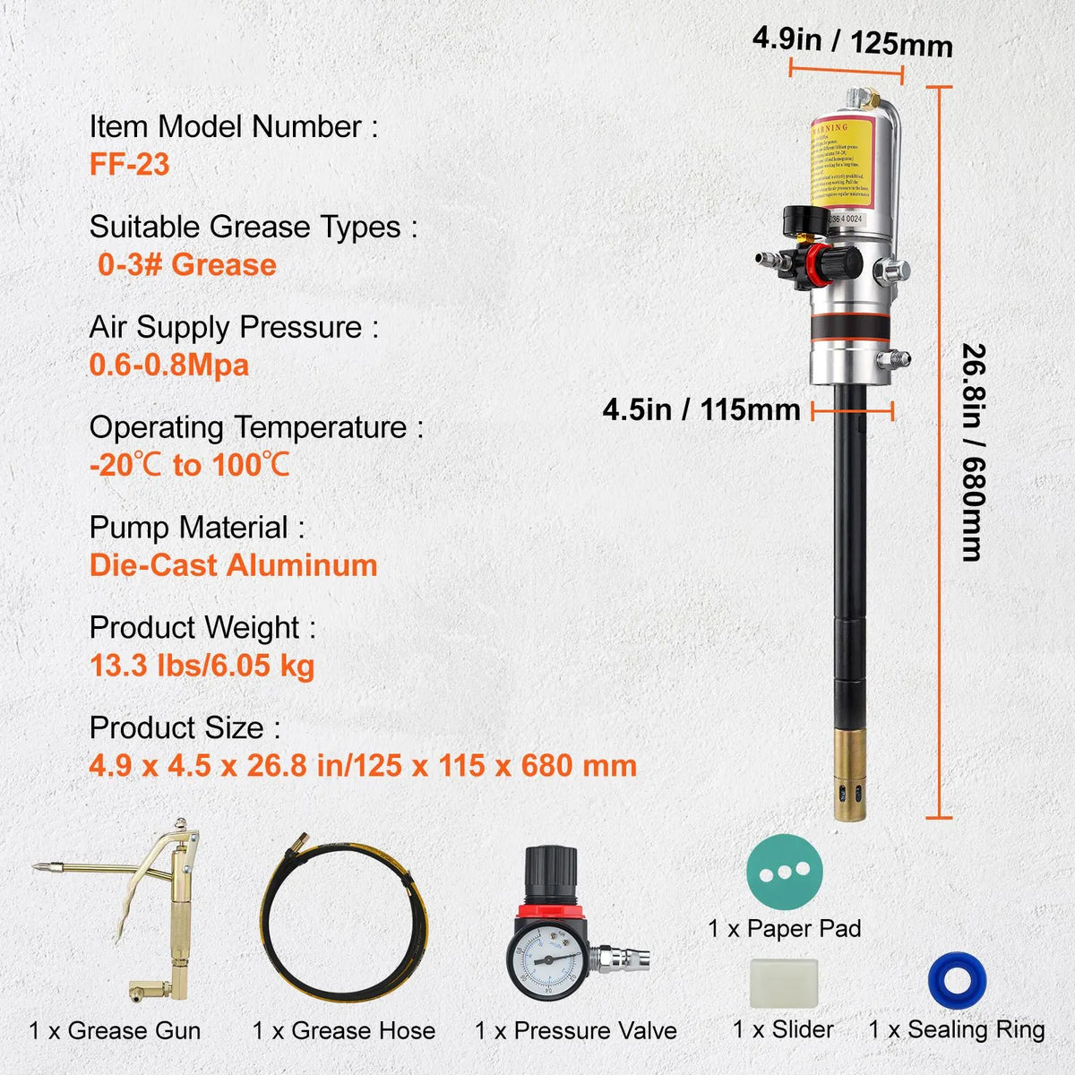 Grease Pump, 50:1 Pressure Ratio Air Operated Grease Pump with 3.88 m High Pressure Hose and Grease Gun, Pneumatic Grease Pump, Portable Lubrication Grease Pump with 360° Swivel Grease Gun Head - Image 7
