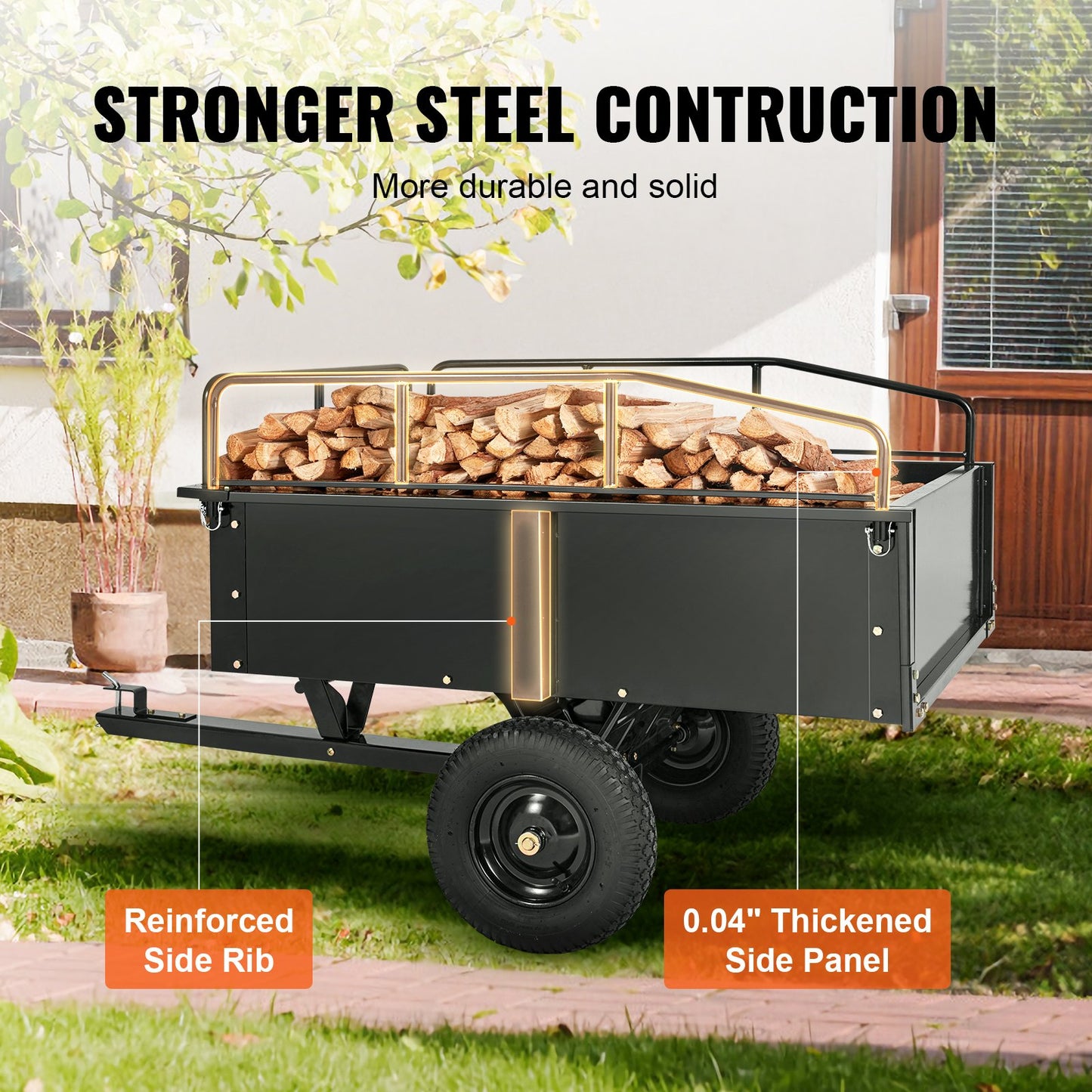 Heavy Duty ATV Trailer Steel Dump Cart, 750-Pound 15 Cubic Feet, Garden Utility Trailer with Removable Sides for Riding Lawn Mower Tractor - Image 3
