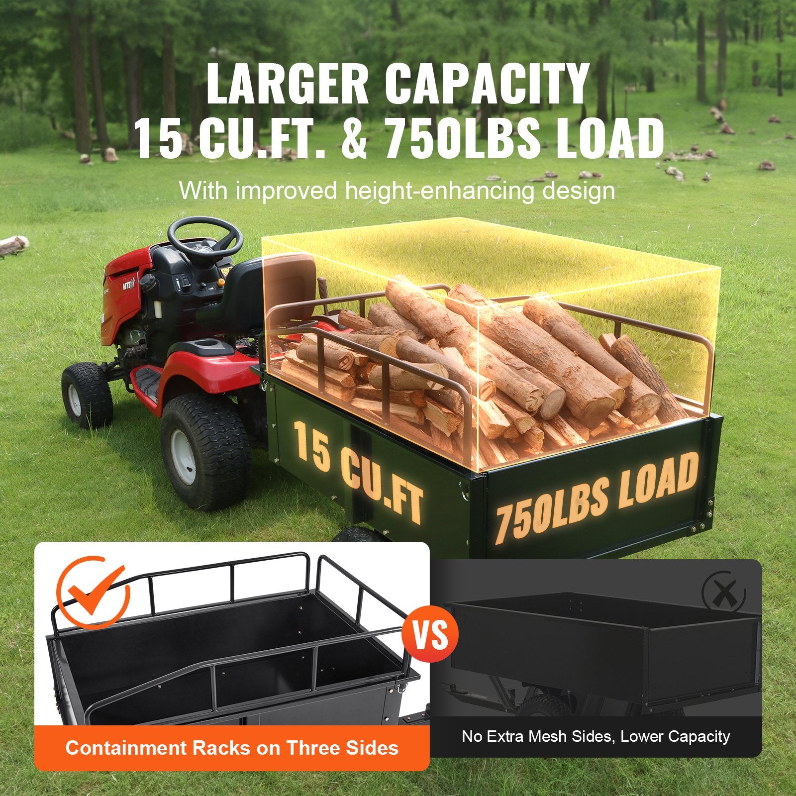 Heavy Duty ATV Trailer Steel Dump Cart, 750-Pound 15 Cubic Feet, Garden Utility Trailer with Removable Sides for Riding Lawn Mower Tractor - Image 4