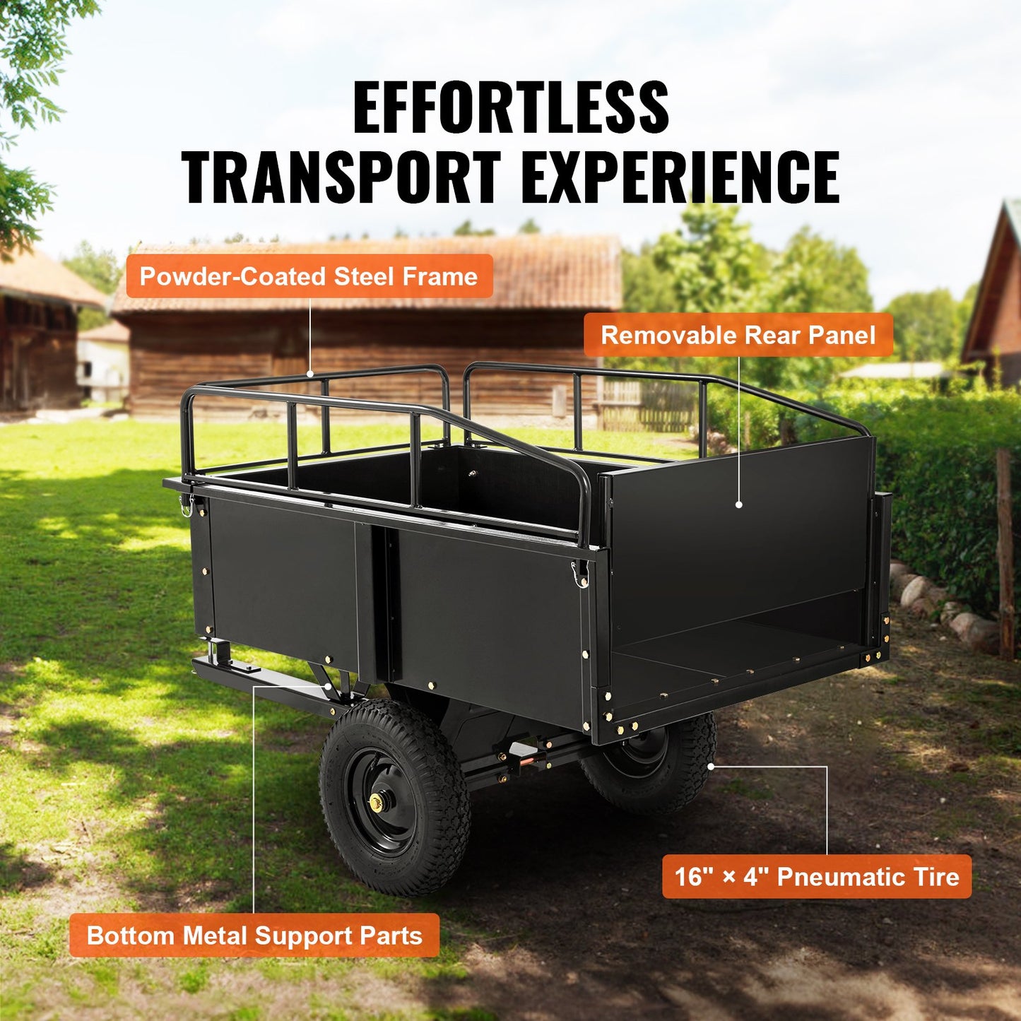 Heavy Duty ATV Trailer Steel Dump Cart, 750-Pound 15 Cubic Feet, Garden Utility Trailer with Removable Sides for Riding Lawn Mower Tractor - Image 6