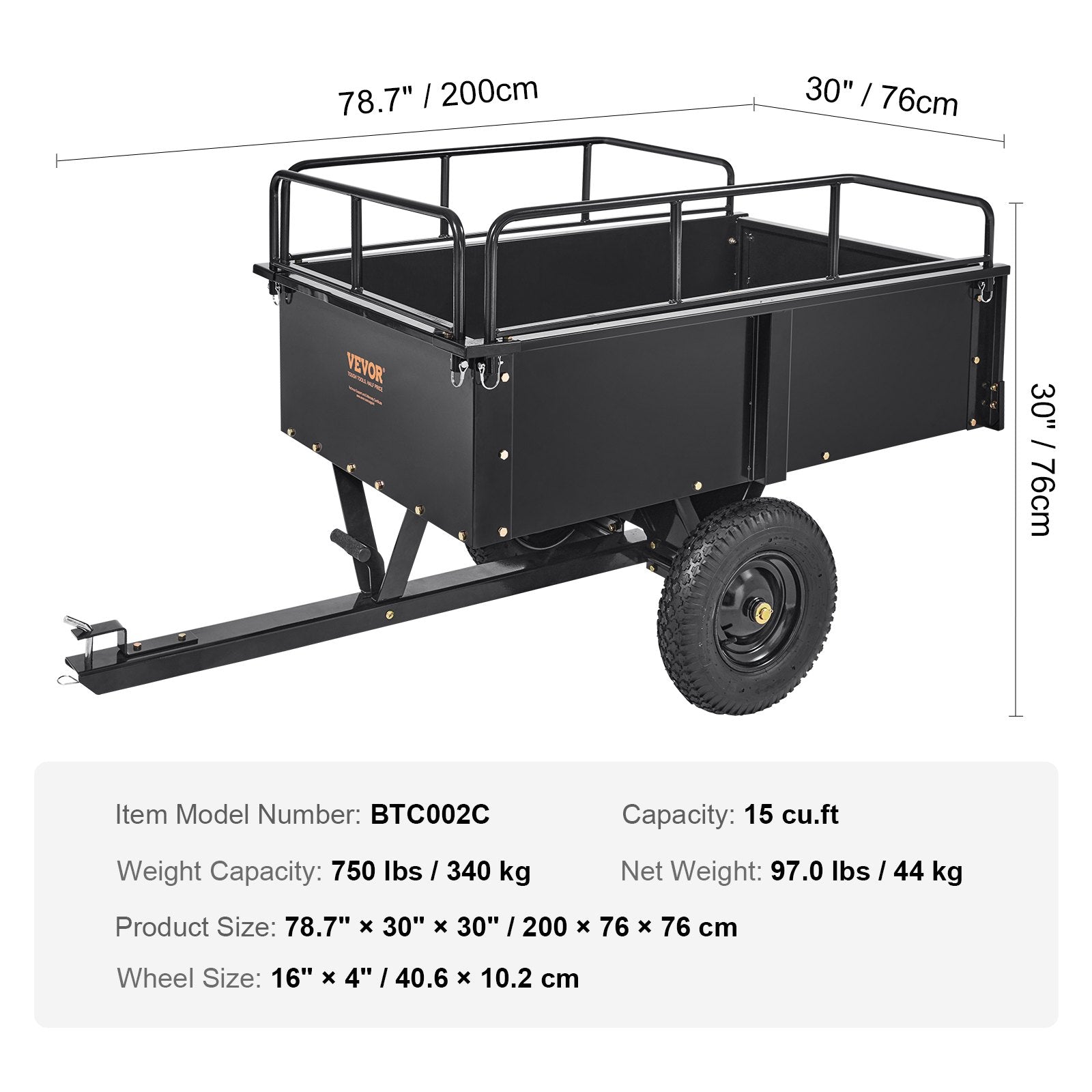 Heavy Duty ATV Trailer Steel Dump Cart, 750-Pound 15 Cubic Feet, Garden Utility Trailer with Removable Sides for Riding Lawn Mower Tractor - Image 7