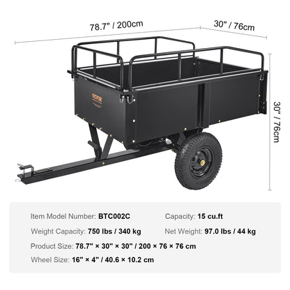 Heavy Duty ATV Trailer Steel Dump Cart, 750-Pound 15 Cubic Feet, Garden Utility Trailer with Removable Sides for Riding Lawn Mower Tractor - Image 7