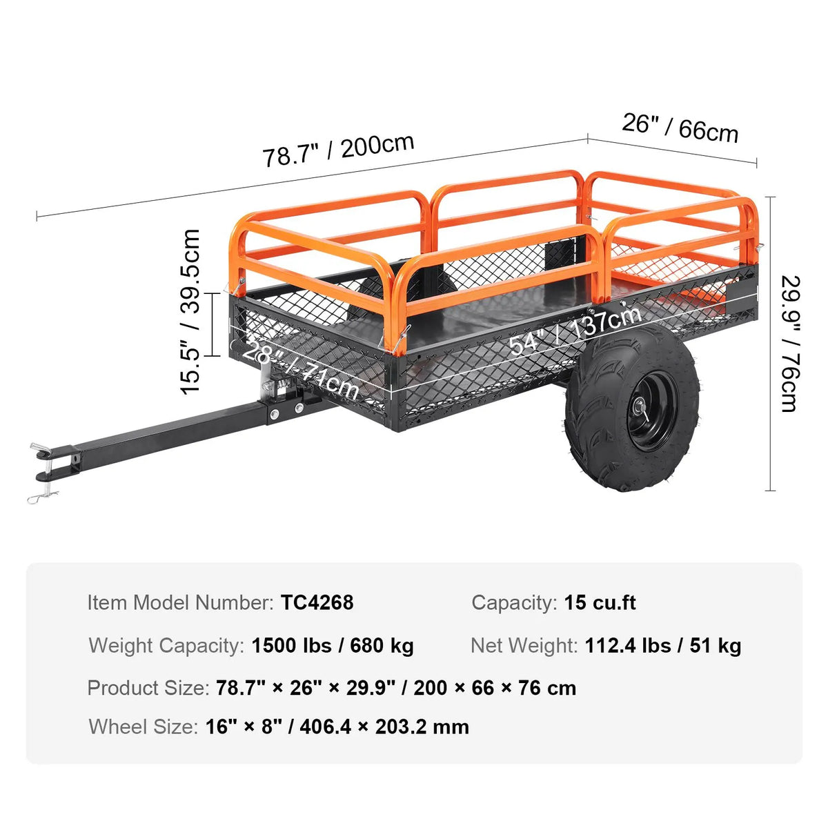 Heavy Duty Steel ATV Dump Trailer, 1500-Pound Load Capacity 15 Cubic Feet, Tow Behind Dump Cart Garden Trailer, with Removable Sides and 2 Tires, for Mowers, Tractors, ATV, UTV - Image 7