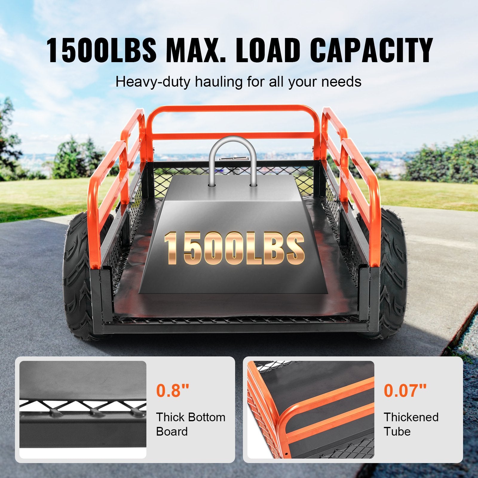 Heavy Duty Steel ATV Dump Trailer, 1500-Pound Load Capacity 15 Cubic Feet, Tow Behind Dump Cart Garden Trailer, with Removable Sides and 2 Tires, for Mowers, Tractors, ATV, UTV - Image 3