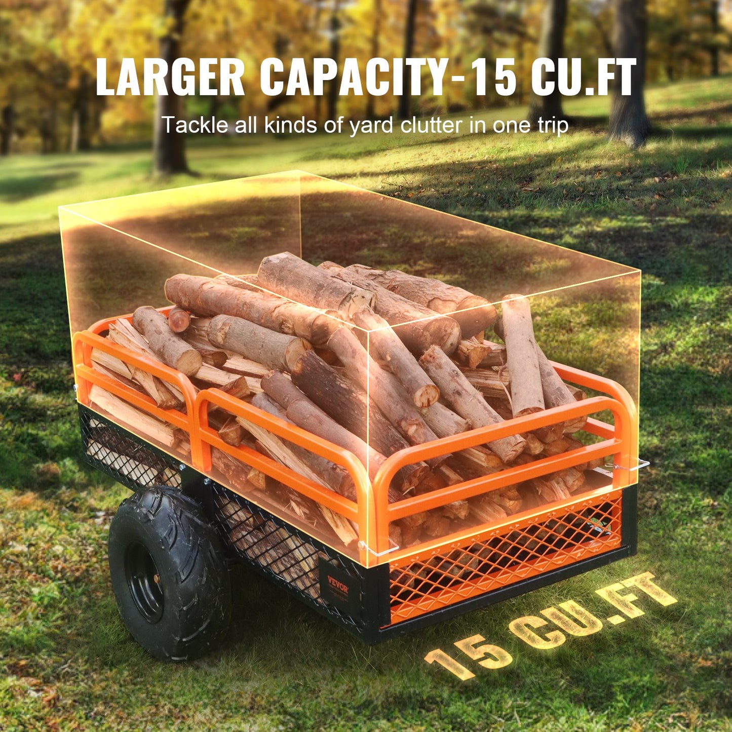 Heavy Duty Steel ATV Dump Trailer, 1500-Pound Load Capacity 15 Cubic Feet, Tow Behind Dump Cart Garden Trailer, with Removable Sides and 2 Tires, for Mowers, Tractors, ATV, UTV - Image 4