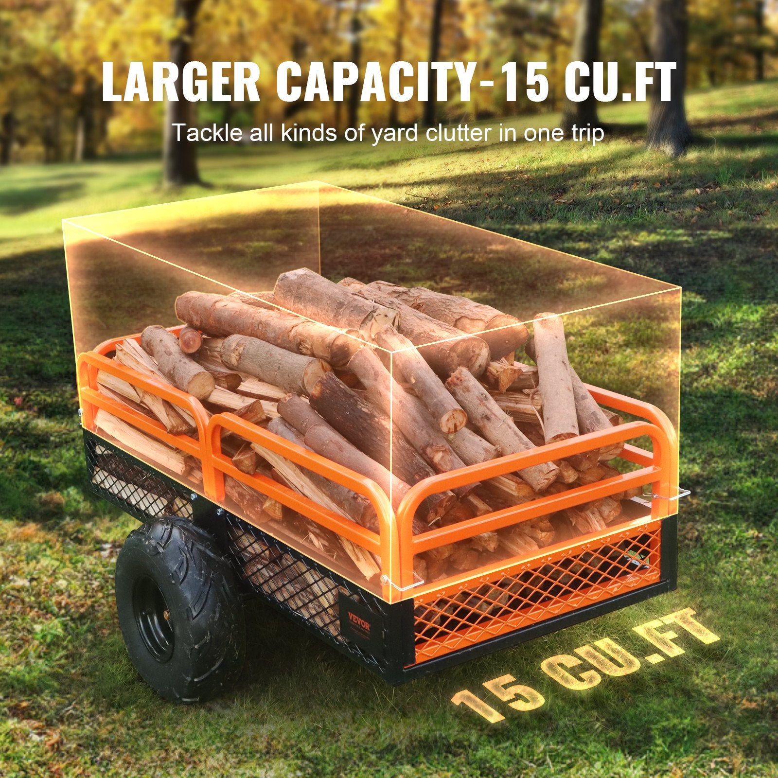 Heavy Duty Steel ATV Dump Trailer, 1500-Pound Load Capacity 15 Cubic Feet, Tow Behind Dump Cart Garden Trailer, with Removable Sides and 2 Tires, for Mowers, Tractors, ATV, UTV - Image 4