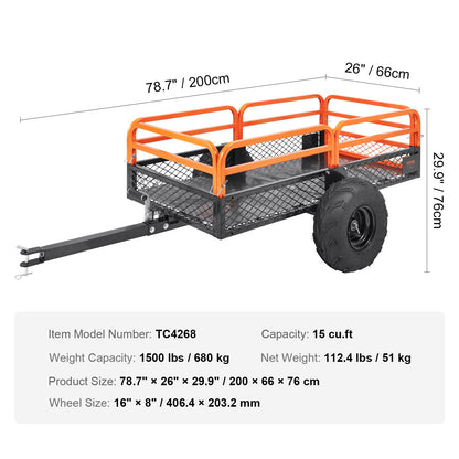 Heavy Duty Steel ATV Dump Trailer, 1500-Pound Load Capacity 15 Cubic Feet, Tow Behind Dump Cart Garden Trailer, with Removable Sides and 2 Tires, for Mowers, Tractors, ATV, UTV - Image 7