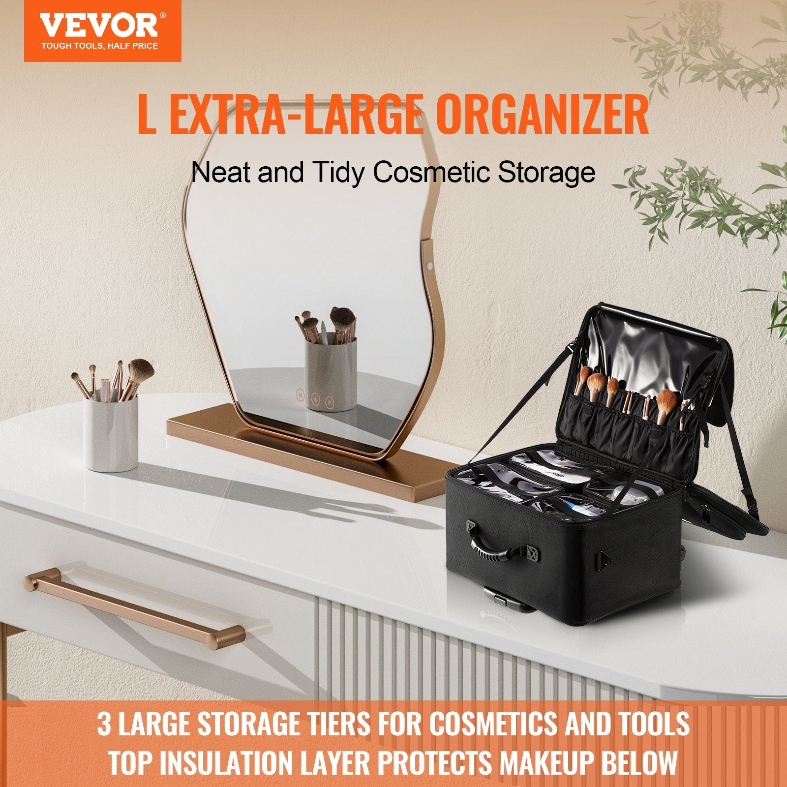 Rolling Makeup Train Case Large Storage 3 Tiers, Convenient Carry With Handle, Wheels, Strap, Professional Makeup Storage Organizer Box Make Up Carrier Waterproof Oxford, Black - Image 2