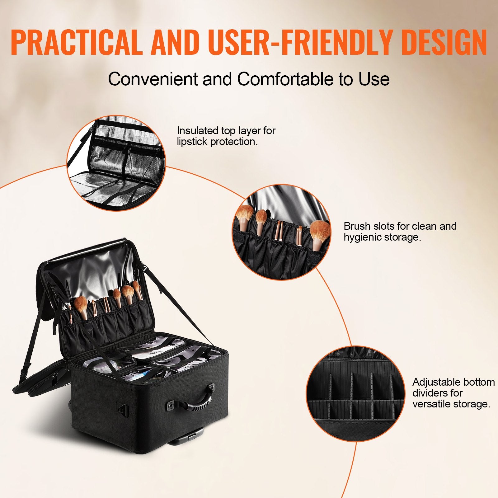 Rolling Makeup Train Case Large Storage 3 Tiers, Convenient Carry With Handle, Wheels, Strap, Professional Makeup Storage Organizer Box Make Up Carrier Waterproof Oxford, Black - Image 5