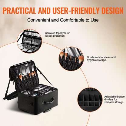 Rolling Makeup Train Case Large Storage 3 Tiers, Convenient Carry With Handle, Wheels, Strap, Professional Makeup Storage Organizer Box Make Up Carrier Waterproof Oxford, Black - Image 5