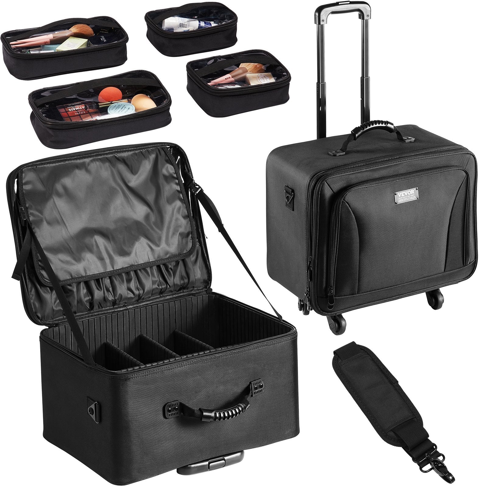 Rolling Makeup Train Case Large Storage 3 Tiers, Convenient Carry With Handle, Wheels, Strap, Professional Makeup Storage Organizer Box Make Up Carrier Waterproof Oxford, Black - Image 9