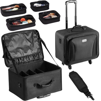 Rolling Makeup Train Case Large Storage 3 Tiers, Convenient Carry With Handle, Wheels, Strap, Professional Makeup Storage Organizer Box Make Up Carrier Waterproof Oxford, Black - Image 9